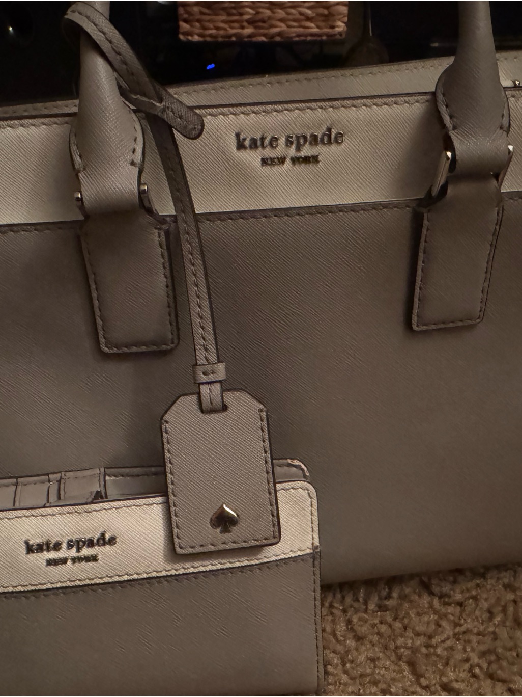 Kate Spade Gray And Cream Leather Tote With Matching Pouch
